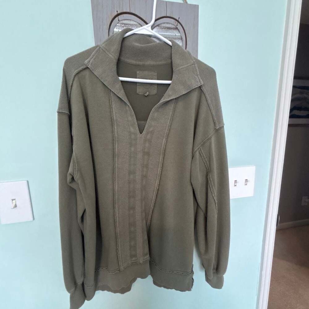 Aerie Olive Green Oversized Half-Zip Pullover Sweatshirt with Raw Seams